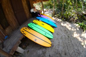 Row bright colored Appletree surfboards different shapes and sizes against wooden house